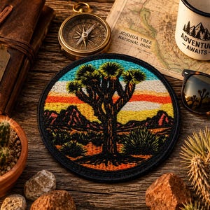 May include: A circular embroidered patch featuring a desert landscape with a central Joshua tree, dark mountains, and a vibrant sunset sky in shades of orange, yellow, and blue, all enclosed within a solid black stitched border.
