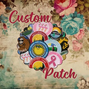 May include: A collection of colorful embroidered patches with various designs, including a sun, a bear, a flamingo, and a ribbon. The patches are arranged in a circle and have the word "Custom Patch" written in pink letters below them.