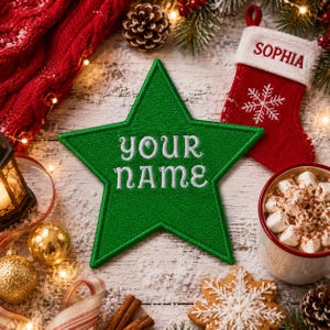 Custom Christmas Star Embroidered Name Patch – Personalized Text Patches | Iron-On, Sew-On, Hook & Loop | For Stockings, Jackets, Hats, Bags