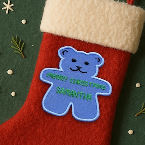Écusson nominatif brodé à thermocoller/à coudre avec nom ours en peluche pour bas, cadeaux et vêtements, premier Noël de bébé, père Noël