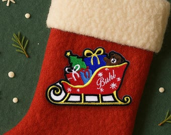 Nikolaus Schlitten Name Patch Gesticktes Aufnähen zum Aufnähen für Strümpfe Kleidung Geschenke Geschenke Geschenke, Rentier, Weihnachtsbeleuchtung, Teddybär