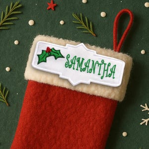 Personalized Christmas Name Tag Patch Embroidered Iron On/Sew On Applique for Stockings Clothing and Crafts, Custom Gift Tag, Holly Berries