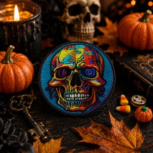 May include: A circular embroidered patch featuring a multi-colored skull design with vibrant hues of red, yellow, blue, and purple against a solid blue background. The skull is detailed with intricate stitching and a dark border.