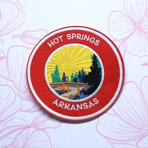 Hot Springs Arkansas Patch Embroidered Iron On/Sew On Applique for Clothing Vest Backpack Camping Gear, National Park, AR Nature Springs