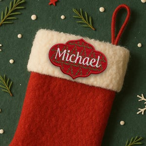 Personalized Christmas Name Tag Patch Embroidered Iron On/Sew On Applique for Stockings Clothing and Crafts, Custom Gift Tag, Christmas Tree