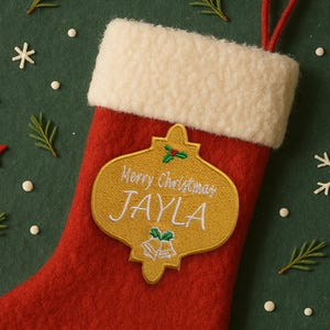 Personalized Christmas Name Tag Patch Embroidered Iron On/Sew On Applique for Stockings Clothing and Crafts, Custom Gift Tag, Bell Ornament
