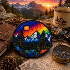 May include: A circular embroidered patch featuring a vibrant mountain landscape with a rainbow-colored sky, a bright yellow sun, snow-capped blue peaks, and dark green pine trees, all rendered in detailed, colorful thread work on a black border.