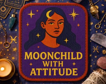 Moonchild With Attitude Patch/Iron-On Patch/Astrology Birthday Gift/Celestial Horoscope/Zodiac Sign/Sew-On Applique for Clothing Backpack
