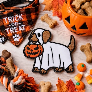 Dog Trick or Treat Patch/Iron-On Patch/Ghost Dog/Spooky Dog Lover Gift/Halloween Costume/Sew-on Applique for Clothing Vest/Jacket Bags