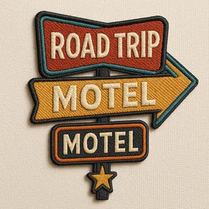 Iron On Road Trip Motel Patch/Embroidered Applique for Jackets/Backpacks/Hats/Retro Travel Patch/Highway Motel Sign Gift for Roadtrippers