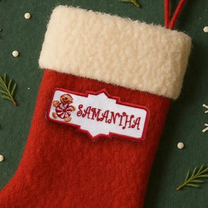 Personalized Christmas Name Tag Patch Embroidered Iron On/Sew On Applique for Stockings Clothing and Crafts, Custom Gift Tag, Gingerbread