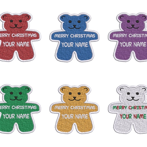 CUSTOM "YOUR NAME" Personalized Stocking Name Tag w/Teddy Bear Embroidered Patch Iron-On or Sew-On Applique / Merry Christmas, Santa, Cheer