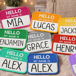 Custom Hello My Name Is Patch - Embroidered Iron On or Sewn Name Tag - Personalized Applique - Funny Work Uniform Patch - DIY Label Badge