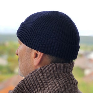 Navy docker cap. Fisherman beanie for men. Merino wool watch cap. Knitted hat handmade. Warm Skull Hat.
