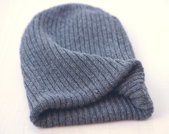 Cashmere winter hat for men, Double wool beanie hat, Chunky winter ribbed hat