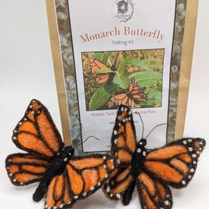May include: A felting kit to make two monarch butterflies. The kit includes wool, instructions, and a needle. The image shows two finished butterflies, one orange and black with white spots, and the other orange and black with white spots.