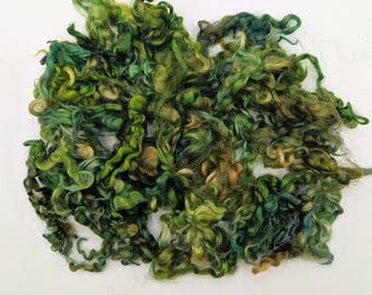 May include: A collection of loose, curly animal fiber locks dyed in various shades of green, ranging from deep forest green to bright lime and olive, with subtle hints of golden yellow and teal throughout the textured, spiraled strands.