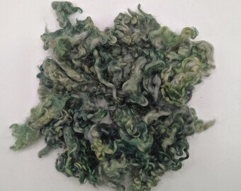 May include: A cluster of raw, curly wool fibers dyed in various shades of green, ranging from light sage to deep forest green, with subtle hints of grey and yellow throughout the textured, soft, and tangled locks of natural fiber.
