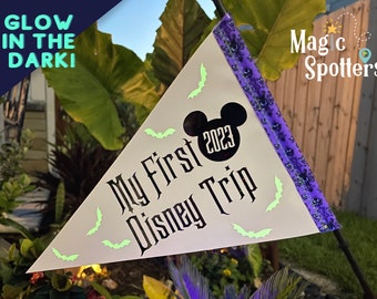 Haunted "My First Disney Trip!" Personalized Glow-in-the-Dark Flag Spotter for Stroller, Wheelchair, Bike & More!