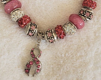 Breast Cancer awareness, Bracelet, Cancer Survivor, bracelet, Ribbon Charm, Cancer, Rhinestone Charm - Survivor bracelet, Breast Cancer