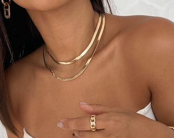 layer necklace set, snake necklace, gold filled necklace, herringbone choker necklace, chain necklace, herringbone chain, flat snake