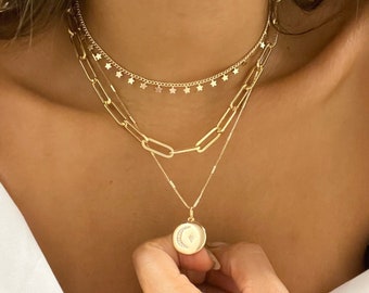 gold necklace set | layer necklace set | gold chain paperclip necklace | moon star necklace | stars gold necklace | star choker chain