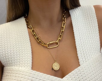 gold necklace for woman | carabiner lock necklace chain | gold medallion necklace | chain necklace |  layer necklace set | coin necklace 18k