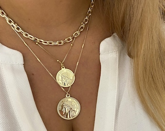 layer necklace set  | chain necklace | Gold necklace set | gold link choker with coin pendant necklaces | coin medallion necklace |