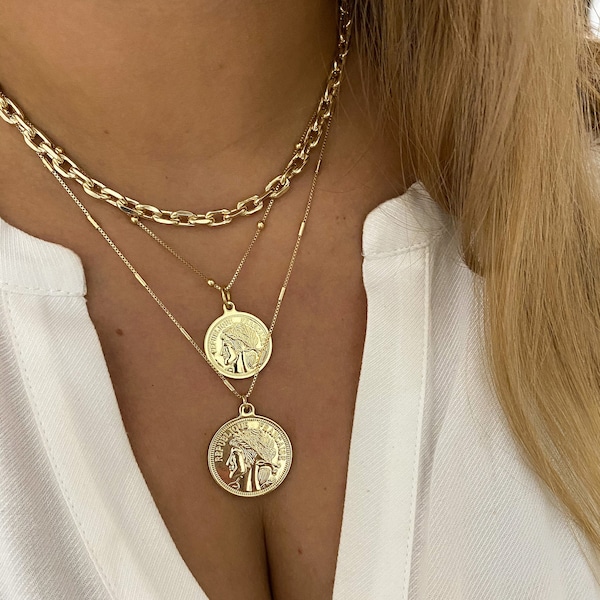 layer necklace set  | chain necklace | Gold necklace set | gold link choker with coin pendant necklaces | coin medallion necklace |