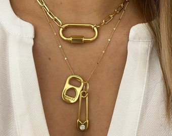 layer necklace set | gold link chain necklace | carabiner screw lock necklace | safety pin  | lock necklace | gold choker