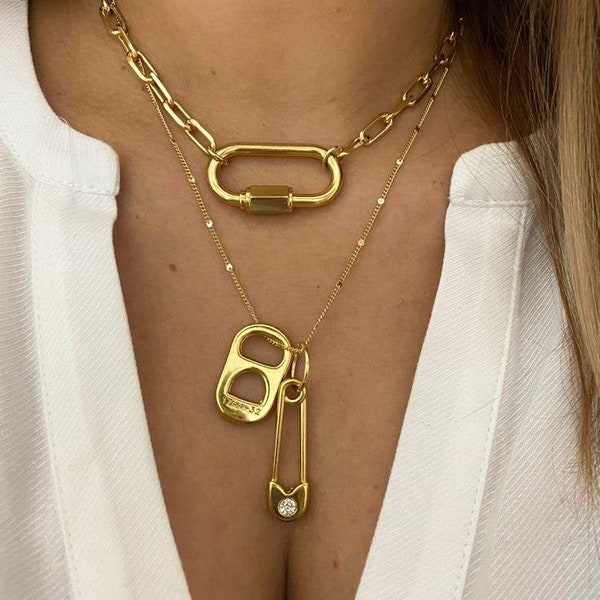 parure de collier superposé | collier chaîne à maillons dorés | Collier mousqueton à vis | épingle de sûreté | collier cadenas | tour de cou en or