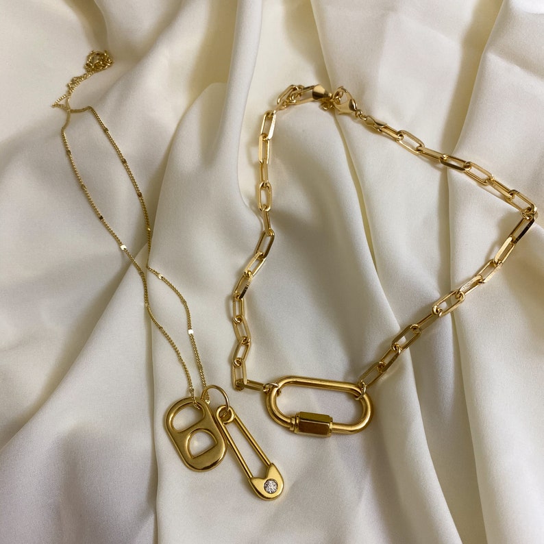 layer necklace set gold link chain necklace carabiner screw lock necklace safety pin lock necklace gold choker image 3
