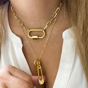 layer necklace set gold link chain necklace carabiner screw lock necklace safety pin lock necklace gold choker image 2