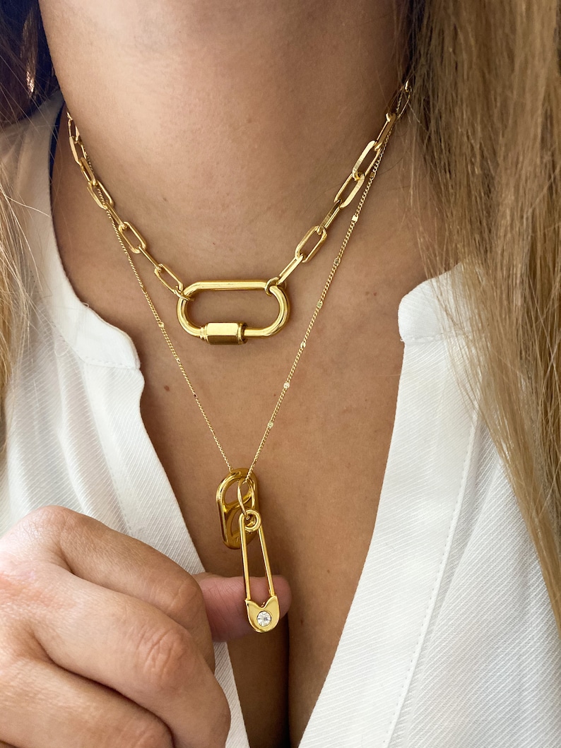 layer necklace set gold link chain necklace carabiner screw lock necklace safety pin lock necklace gold choker image 2