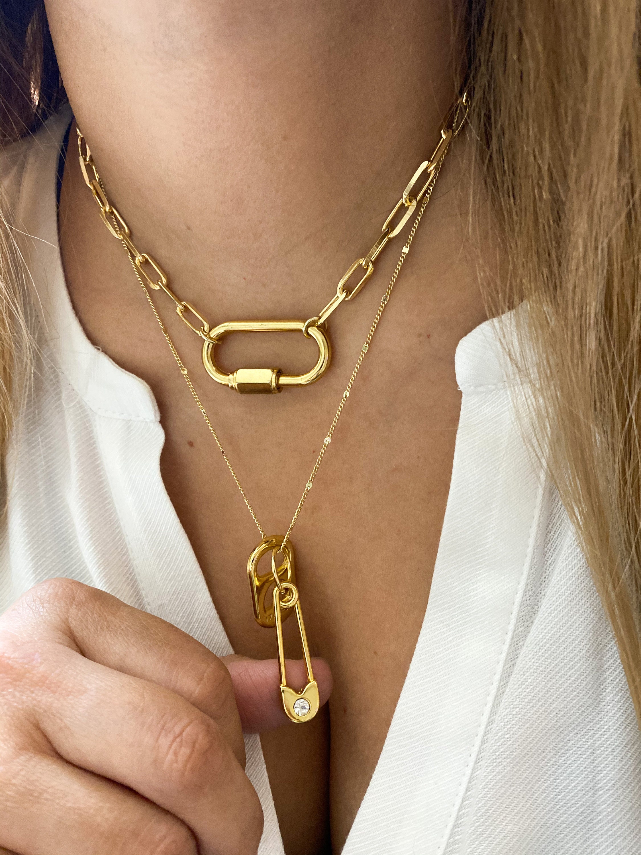 Safety Pin and Lock Chain Necklace gold