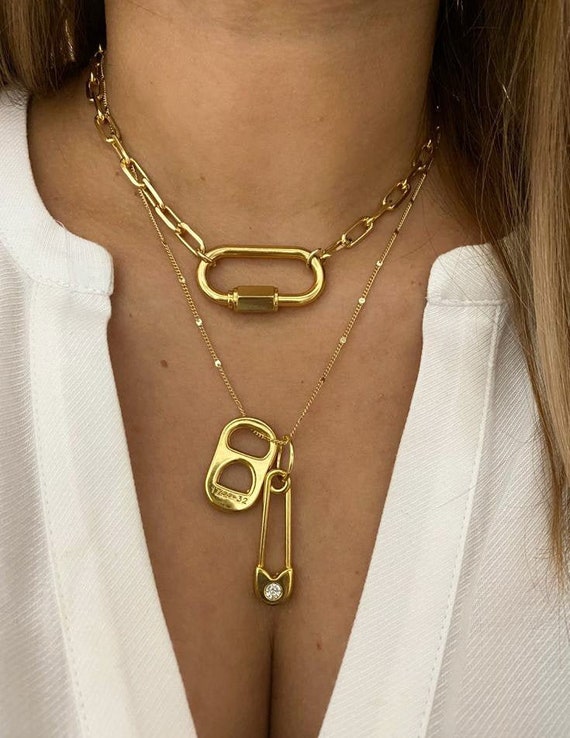 Safety Pin and Lock Chain Necklace gold