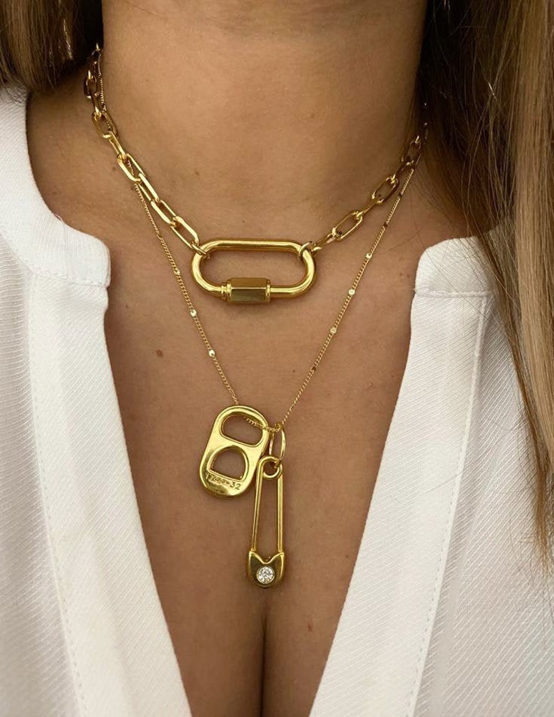 layer necklace set | gold link chain necklace | carabiner screw lock necklace | safety pin  | lock necklace | gold choker 