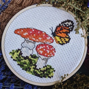 Springtime Fly Agaric Mushrooms - Modern Cross Stitch Pattern - Instant Download PDF - Cottagecore Fungi, Floral Embroidery, Fairy Garden