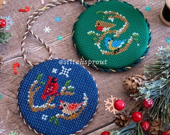 Festive Winter Bird Ornaments Cross Stitch Pattern | Cardinals, Robin & Bluebird | Instant PDF Download