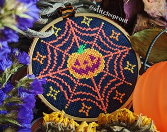 Neon Pumpkin Ornament - Gothic Cross Stitch Pattern - Instant Download PDF - Halloween Embroidery, Spooky Pumpkin Decor