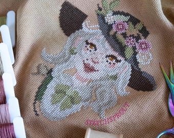 Modèle de point de croix Sorcière des jardins | Motif floral fantaisiste sur le thème de la sorcellerie | Téléchargement PDF instantané