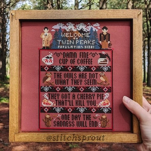 Welcome to Twin Peaks Sampler Cross Stitch Pattern | Dale Cooper, Cherry Pie & Damn Fine Coffee | Instant PDF Download