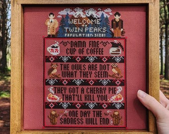 Welcome to Twin Peaks Sampler Cross Stitch Pattern | Dale Cooper, Cherry Pie & Damn Fine Coffee | Instant PDF Download