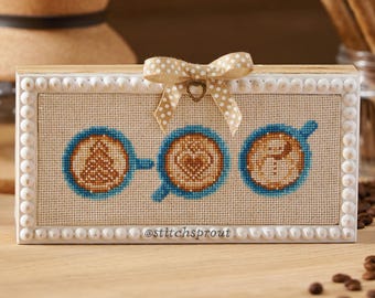 Cup of Cheer Cross Stitch Pattern | Holiday Latte Trio with Snowman & Christmas Tree | Instant PDF Download