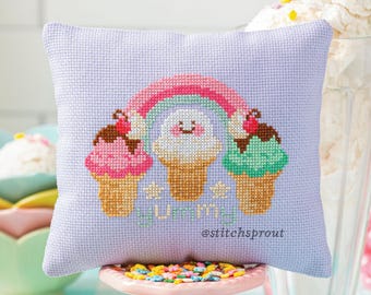 A Scoop of Happiness Cross Stitch Pattern | Pastel Ice Cream Trio & Rainbow Design | Instant PDF Download