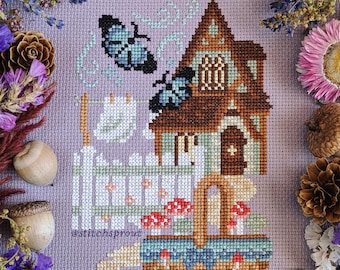 Motif de point de croix cottage camomille | Maison de conte de fées Cottagecore, champignons et papillons | Téléchargement instantané du PDF