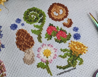 Spring Forage Sampler Cross Stitch Pattern | Mushrooms, Florals & Cottage Kitchen Design | Cottagecore Instant PDF Download