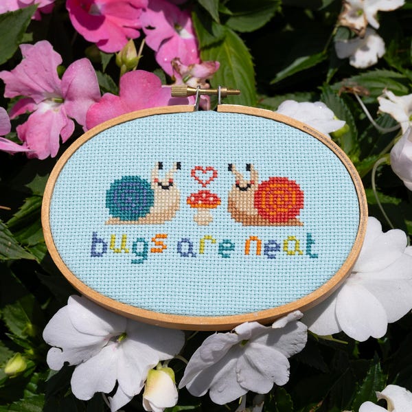 Snails & Bugs Are Neat! Cross Stitch Pattern | Cute Insect + Mushroom Design | Cottagecore Instant PDF Download