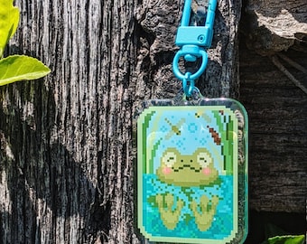 Froggy Spa Day - Glitter Clear Double Sided Epoxy Charm Keychain w/ Clasp - Cottagecore, Cute Frog Pond,