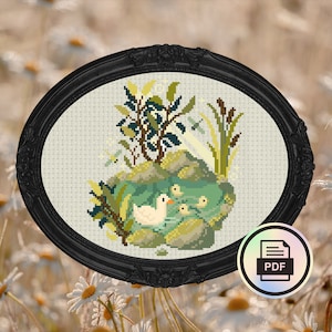 Spring Magic Duck Pond - Modern Cross Stitch Pattern - Instant Download PDF - Cottagecore, Floral Embroidery, Ducklings, Cute Animals